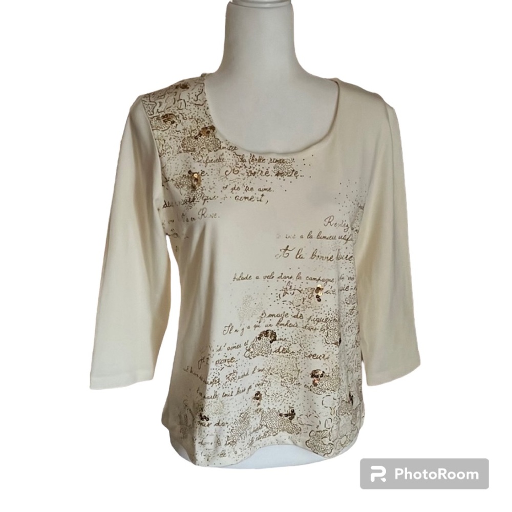 Ruby Rd. Petite Cream Ivory Graphic Print Sequins Top Size PM